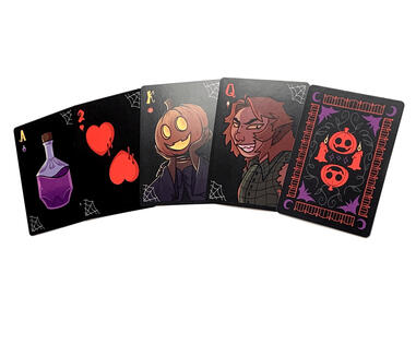 Ghoulish Gambit is a hand-illustrated, standard 52-card deck. Each suit in this deck is adapted to embody classic Halloween archetypes featuring depictions of vampires, werewolves, pumpkin-headed dullahans, and witches.